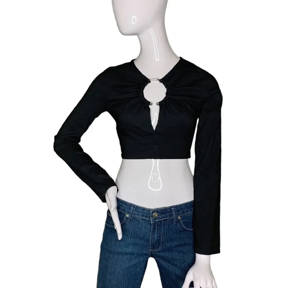 Zara Crop Top Long Sleeve Black Size M V-Neck Two Hidden Zippers
